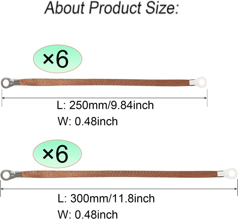 Auerllcy Ground Straps Kit - 10/12 inch Universal Automotive Engine Ground Wires, Braided Copper Grounding Cables, 12-Piece Set for Car Electrical System Upgrade - Image 2